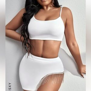SHEIN SXY Rhinestone Crop Cami Top & Fringe Trim Asymmetrical Hem Skirt